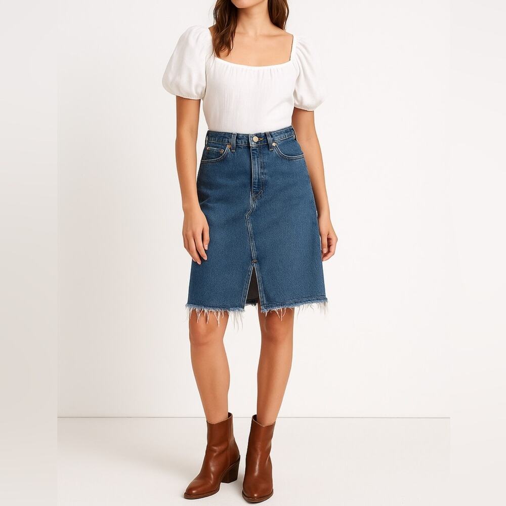 GAP 100% Cotton Raw Hem A-Line Denim Skirt | Size 30 | Blue | Classic Minimalist